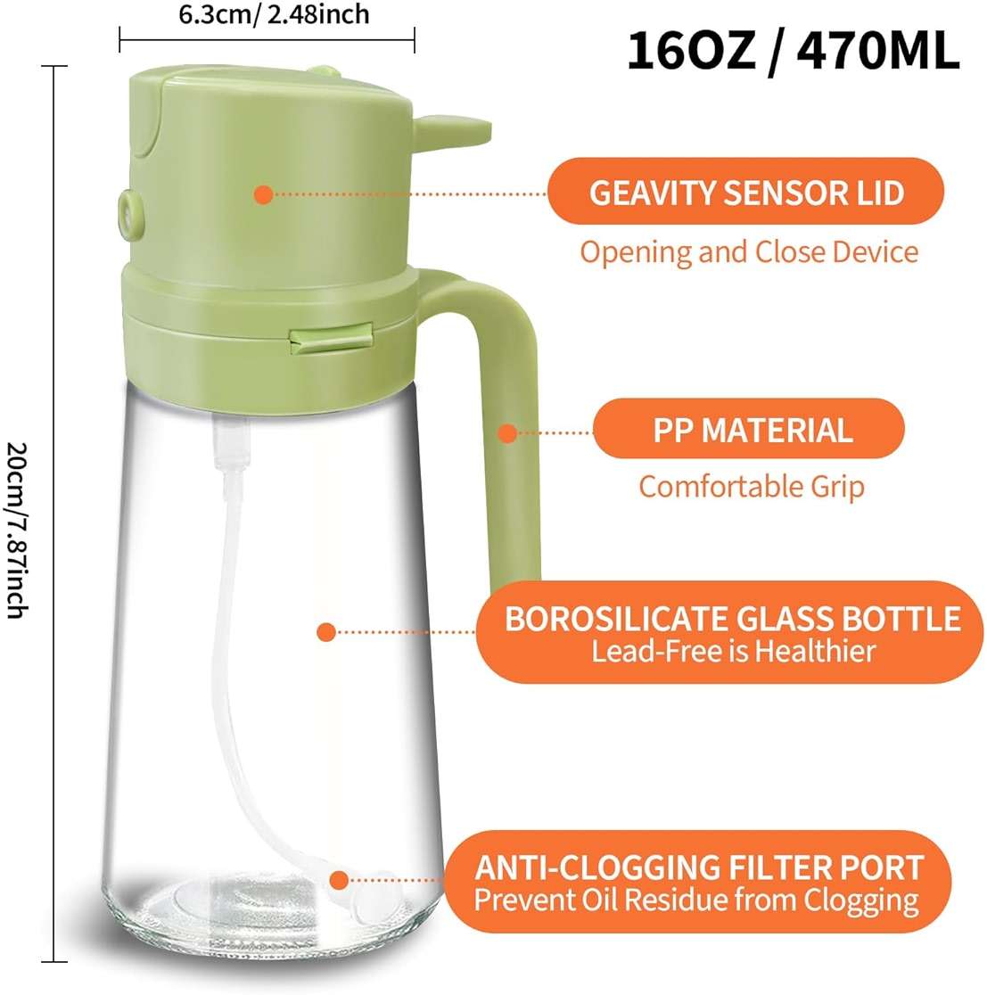 YARRAMATE 16oz/470ml Easy Refillable Oil Sprayer for Cooking, 2 in 1 Oil Dispenser for Kitchen and Oil Sprayer Bottle, Food-Grade Glass Oil Mister with Simple Open Design, Air Fryer,BBQ (Green) - Image 3