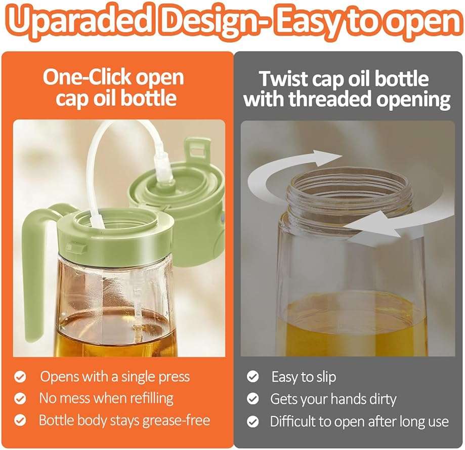 YARRAMATE 16oz/470ml Easy Refillable Oil Sprayer for Cooking, 2 in 1 Oil Dispenser for Kitchen and Oil Sprayer Bottle, Food-Grade Glass Oil Mister with Simple Open Design, Air Fryer,BBQ (Green) - Image 6