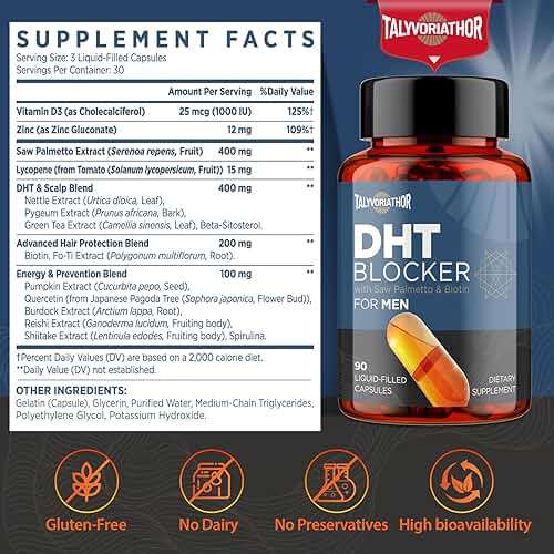 DHT Blocker for Men with Saw Palmetto & Biotin, Hair Growth Formula in Liquid-Filled Capsules, Hair Loss Supplements, Hair Regrowth Vitamins, Proprietary Herbal Blends - 90 Capsules(1 Bottle) - Image 2