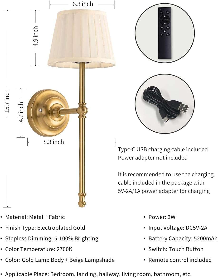 KDG Cordless Wall Sconces Set of 2, Small Wireless 5200mAh Rechargeable Battery Fabric LED Wall Lamps, Portables Lightings for Wall Painting, Living Room, Bedroom, Hallway, Gifts, Night Light (Gold) - Image 5