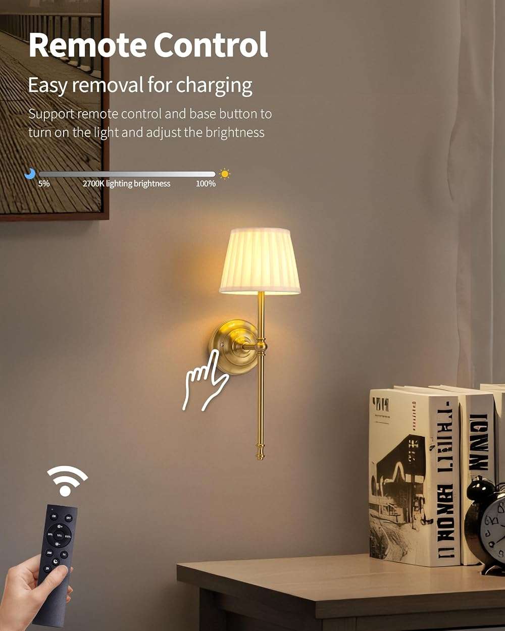 KDG Cordless Wall Sconces Set of 2, Small Wireless 5200mAh Rechargeable Battery Fabric LED Wall Lamps, Portables Lightings for Wall Painting, Living Room, Bedroom, Hallway, Gifts, Night Light (Gold) - Image 6