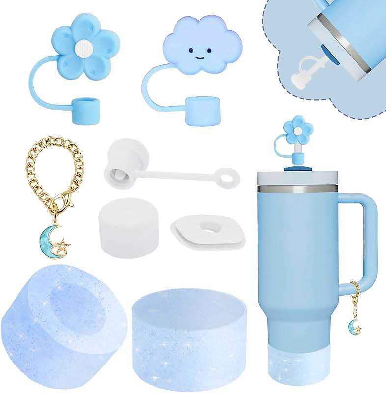 Stanley Cup Accessories Set,Including 2 Pcs 0.4in Straw Cover, 1 Silicone Spill-Proof Stopper Set of 3, 1 Cute Moon Handle Charm, 1 Silicone Boot Fits Stanley 40&30 Oz Tumbler (Blue 2.0) - Image 1