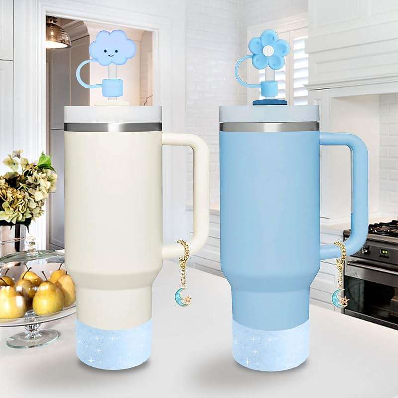 Stanley Cup Accessories Set,Including 2 Pcs 0.4in Straw Cover, 1 Silicone Spill-Proof Stopper Set of 3, 1 Cute Moon Handle Charm, 1 Silicone Boot Fits Stanley 40&30 Oz Tumbler (Blue 2.0) - Image 2