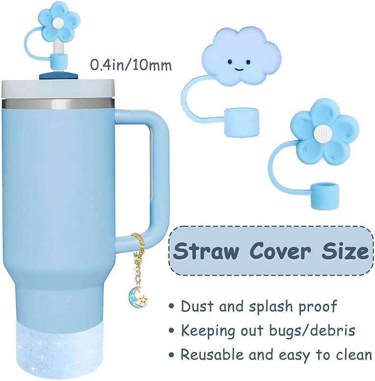 Stanley Cup Accessories Set,Including 2 Pcs 0.4in Straw Cover, 1 Silicone Spill-Proof Stopper Set of 3, 1 Cute Moon Handle Charm, 1 Silicone Boot Fits Stanley 40&30 Oz Tumbler (Blue 2.0) - Image 3