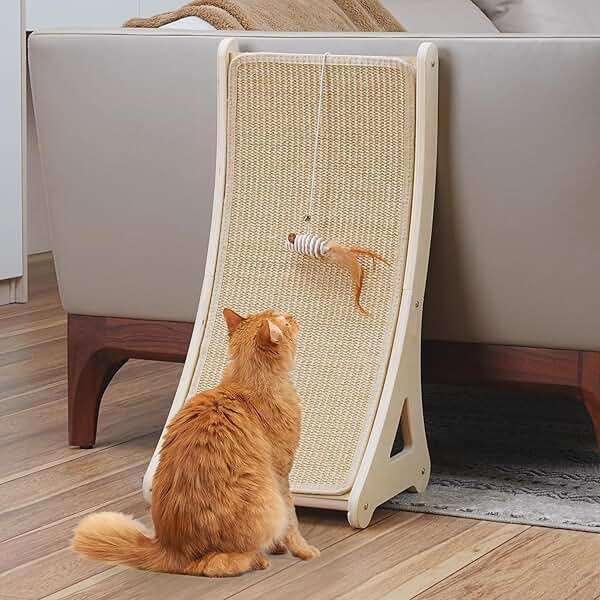 PETKARAY Curved Cat Scratcher, Sisal Kitty Scratching Ramp, L Shape Scratch Pad for Indoor Cats, 25.6" Furniture Protector with Mouse Toy - Image 1