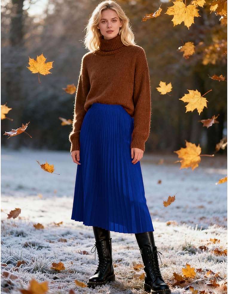 THHGPO Women's Pleated Skirts High Elastic Waist A-Line Swing Skirt Midi Length - Image 2