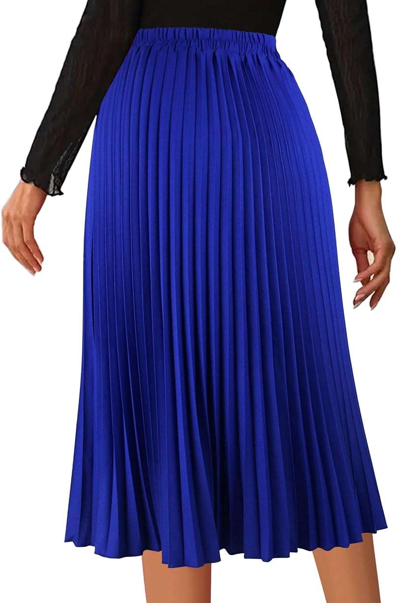 THHGPO Women's Pleated Skirts High Elastic Waist A-Line Swing Skirt Midi Length - Image 4
