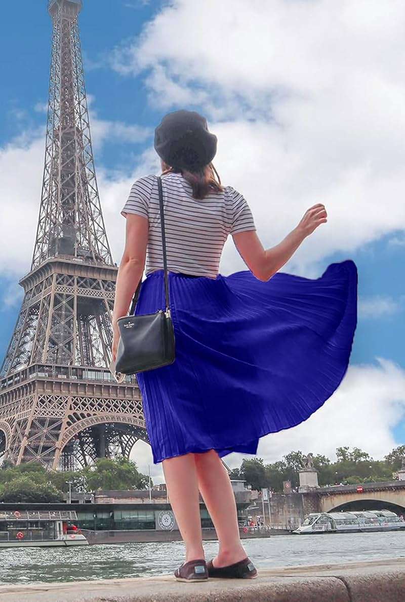 THHGPO Women's Pleated Skirts High Elastic Waist A-Line Swing Skirt Midi Length - Image 6