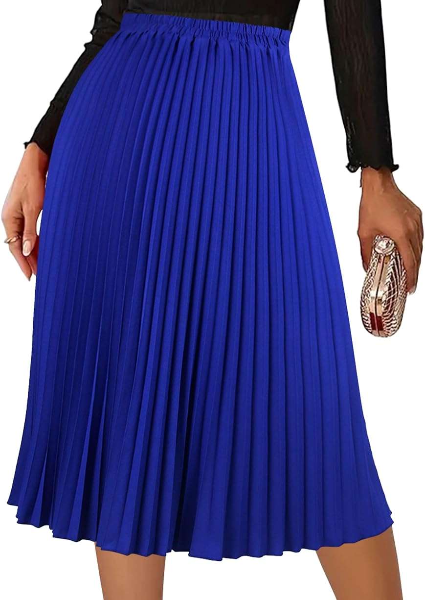 THHGPO Women's Pleated Skirts High Elastic Waist A-Line Swing Skirt Midi Length - Image 7