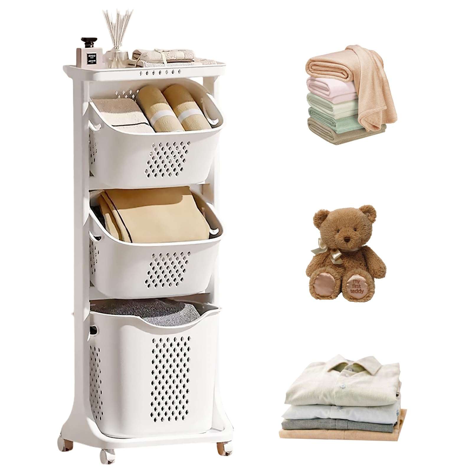 BAOKALER Rolling Laundry Hamper Cart with Wheels, 3 Tier White Laundry Baskets, Clothes Hamper with Portable Storage Baskets for Kitchens, Bathrooms, Bedrooms, Classrooms, Laundry Rooms(75L) - Image 2