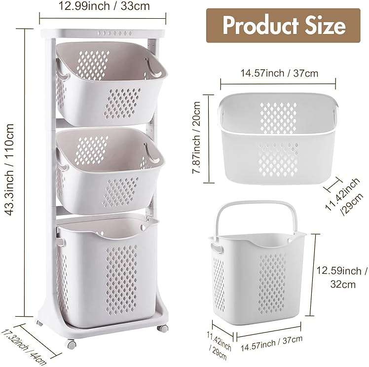 BAOKALER Rolling Laundry Hamper Cart with Wheels, 3 Tier White Laundry Baskets, Clothes Hamper with Portable Storage Baskets for Kitchens, Bathrooms, Bedrooms, Classrooms, Laundry Rooms(75L) - Image 3