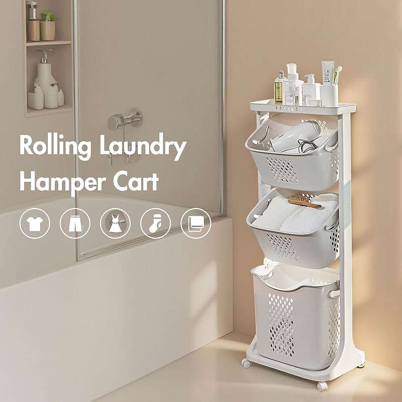BAOKALER Rolling Laundry Hamper Cart with Wheels, 3 Tier White Laundry Baskets, Clothes Hamper with Portable Storage Baskets for Kitchens, Bathrooms, Bedrooms, Classrooms, Laundry Rooms(75L) - Image 4