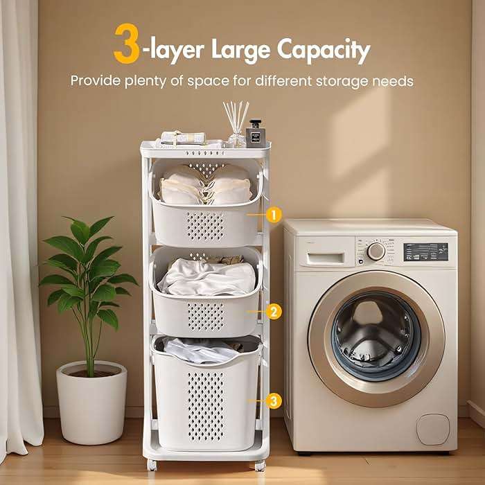 BAOKALER Rolling Laundry Hamper Cart with Wheels, 3 Tier White Laundry Baskets, Clothes Hamper with Portable Storage Baskets for Kitchens, Bathrooms, Bedrooms, Classrooms, Laundry Rooms(75L) - Image 5