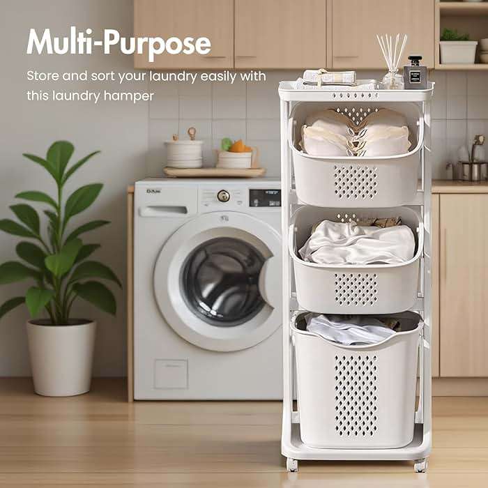 BAOKALER Rolling Laundry Hamper Cart with Wheels, 3 Tier White Laundry Baskets, Clothes Hamper with Portable Storage Baskets for Kitchens, Bathrooms, Bedrooms, Classrooms, Laundry Rooms(75L) - Image 6