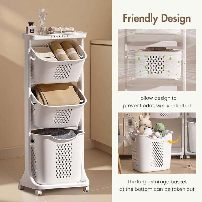 BAOKALER Rolling Laundry Hamper Cart with Wheels, 3 Tier White Laundry Baskets, Clothes Hamper with Portable Storage Baskets for Kitchens, Bathrooms, Bedrooms, Classrooms, Laundry Rooms(75L) - Image 7
