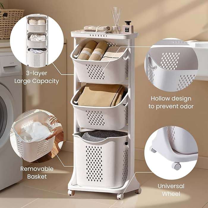 BAOKALER Rolling Laundry Hamper Cart with Wheels, 3 Tier White Laundry Baskets, Clothes Hamper with Portable Storage Baskets for Kitchens, Bathrooms, Bedrooms, Classrooms, Laundry Rooms(75L) - Image 8
