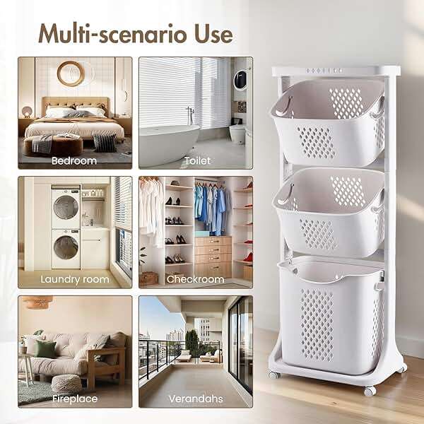 BAOKALER Rolling Laundry Hamper Cart with Wheels, 3 Tier White Laundry Baskets, Clothes Hamper with Portable Storage Baskets for Kitchens, Bathrooms, Bedrooms, Classrooms, Laundry Rooms(75L) - Image 10