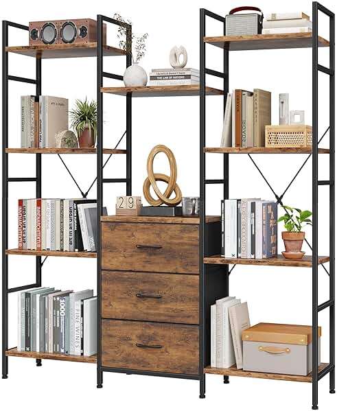 AFLUI Triple Bookshelf with 3 Fabric Drawers, 4-Tier Book Shelf and 10 Display Shelves, Industrial Large Bookcase for Home & Office, Rustic Brown, 47'' Wide - Image 1