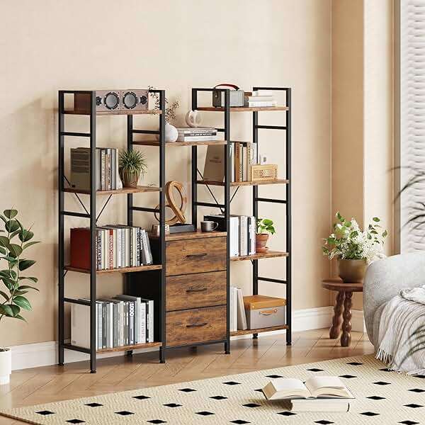 AFLUI Triple Bookshelf with 3 Fabric Drawers, 4-Tier Book Shelf and 10 Display Shelves, Industrial Large Bookcase for Home & Office, Rustic Brown, 47'' Wide - Image 2
