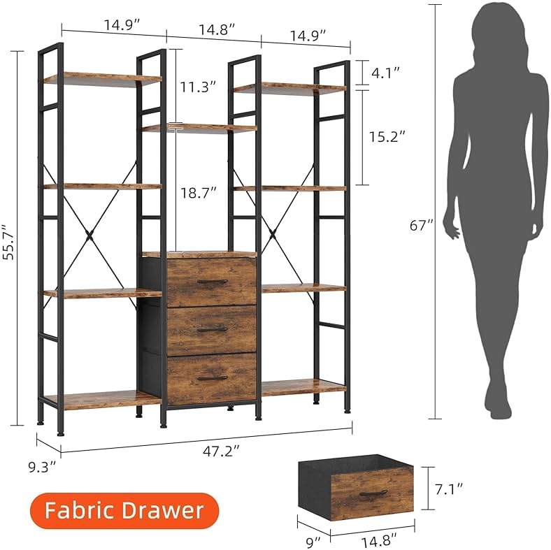 AFLUI Triple Bookshelf with 3 Fabric Drawers, 4-Tier Book Shelf and 10 Display Shelves, Industrial Large Bookcase for Home & Office, Rustic Brown, 47'' Wide - Image 3