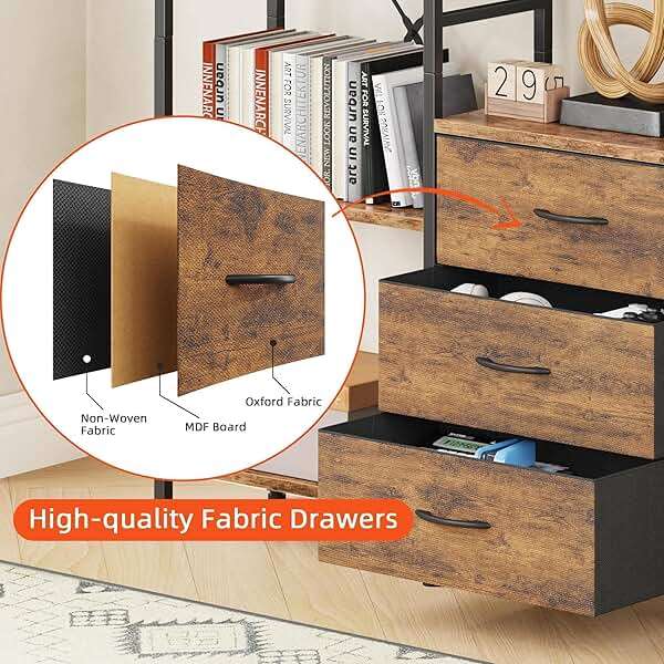 AFLUI Triple Bookshelf with 3 Fabric Drawers, 4-Tier Book Shelf and 10 Display Shelves, Industrial Large Bookcase for Home & Office, Rustic Brown, 47'' Wide - Image 4
