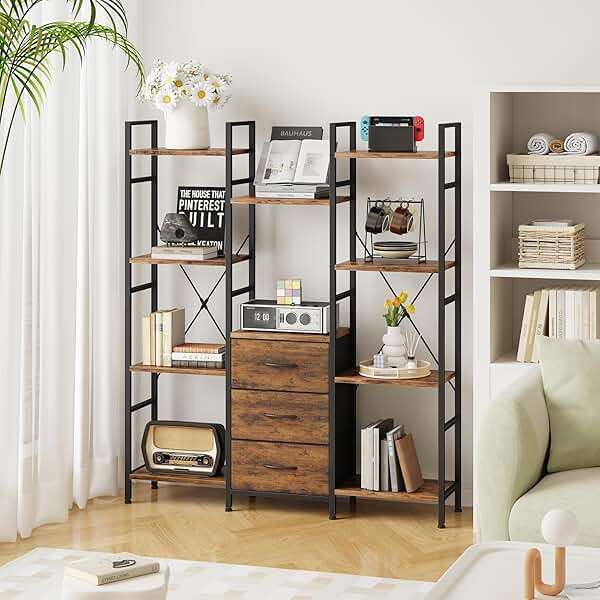 AFLUI Triple Bookshelf with 3 Fabric Drawers, 4-Tier Book Shelf and 10 Display Shelves, Industrial Large Bookcase for Home & Office, Rustic Brown, 47'' Wide - Image 7