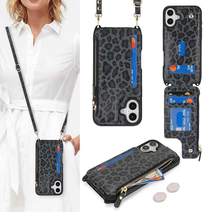 Cavor for iPhone 16 Case with Card Holder,for iPhone 16 Wallet Case for Women,Phone Case for iPhone 16 Case with Strap,Crossbody Lanyard and Wristlet Zipper Pocket -Leopard Black - Image 1