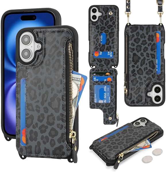 Cavor for iPhone 16 Case with Card Holder,for iPhone 16 Wallet Case for Women,Phone Case for iPhone 16 Case with Strap,Crossbody Lanyard and Wristlet Zipper Pocket -Leopard Black - Image 2