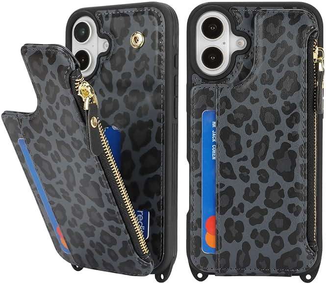 Cavor for iPhone 16 Case with Card Holder,for iPhone 16 Wallet Case for Women,Phone Case for iPhone 16 Case with Strap,Crossbody Lanyard and Wristlet Zipper Pocket -Leopard Black - Image 3