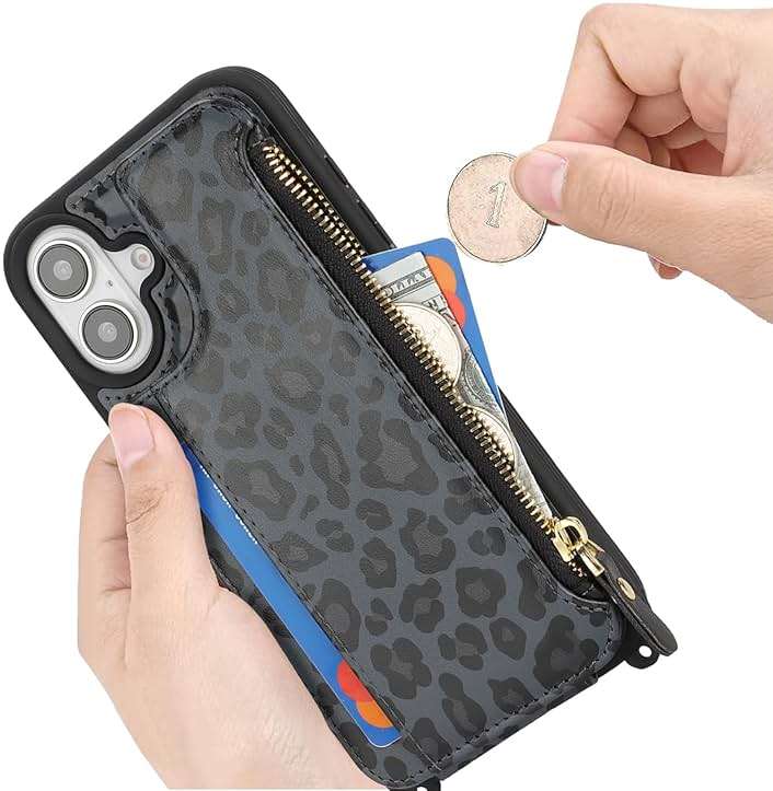 Cavor for iPhone 16 Case with Card Holder,for iPhone 16 Wallet Case for Women,Phone Case for iPhone 16 Case with Strap,Crossbody Lanyard and Wristlet Zipper Pocket -Leopard Black - Image 4