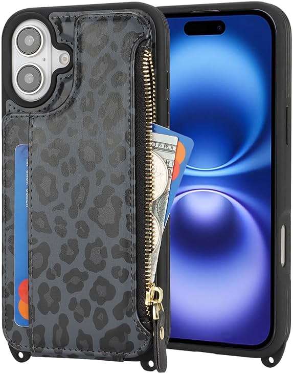 Cavor for iPhone 16 Case with Card Holder,for iPhone 16 Wallet Case for Women,Phone Case for iPhone 16 Case with Strap,Crossbody Lanyard and Wristlet Zipper Pocket -Leopard Black - Image 5