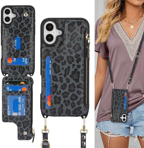 Cavor for iPhone 16 Case with Card Holder,for iPhone 16 Wallet Case for Women,Phone Case for iPhone 16 Case with Strap,Crossbody Lanyard and Wristlet Zipper Pocket -Leopard Black - Image 6