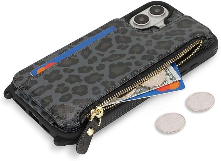Cavor for iPhone 16 Case with Card Holder,for iPhone 16 Wallet Case for Women,Phone Case for iPhone 16 Case with Strap,Crossbody Lanyard and Wristlet Zipper Pocket -Leopard Black - Image 7