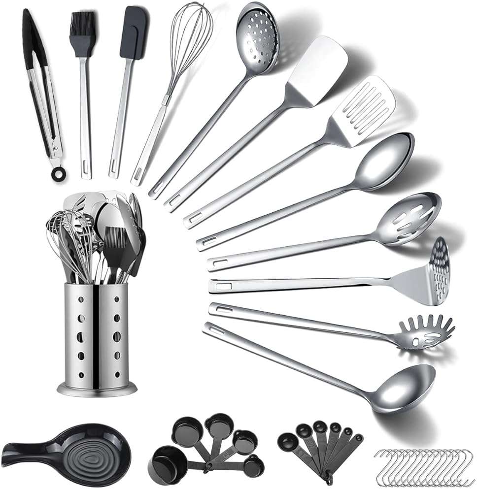 Stainless Steel Kitchen Utensils Set 40 Pieces, Cooking Utensil Set with Utensils Holder, Kitchen Gadgets Kitchen Essentials New Home, House, Appartment Must Have, Metal Spatula Set - Image 1