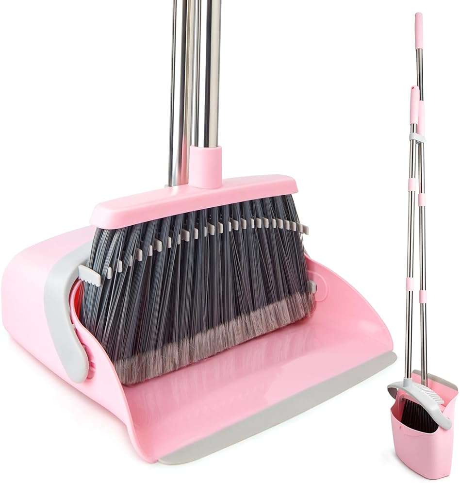OOOFLOWER Broom and Dustpan Combo Set, Long Handle and Standing Dust Pan with Comb Teeth, Efficient Floor Cleaning for Kitchen, Outdoor, Dorm, Apartment, Office Lobby (Pink Gray) - Image 1