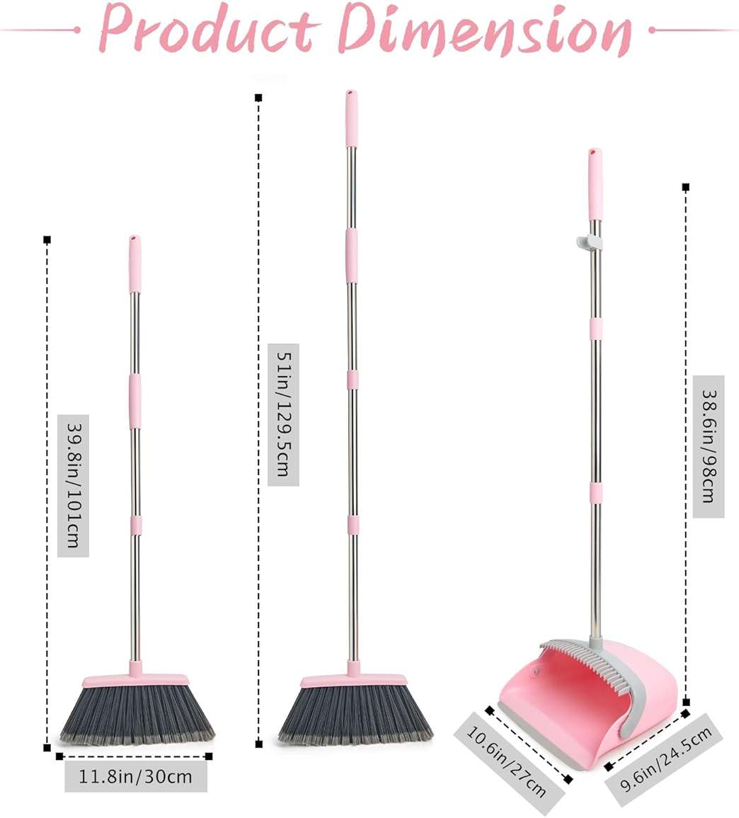 OOOFLOWER Broom and Dustpan Combo Set, Long Handle and Standing Dust Pan with Comb Teeth, Efficient Floor Cleaning for Kitchen, Outdoor, Dorm, Apartment, Office Lobby (Pink Gray) - Image 2