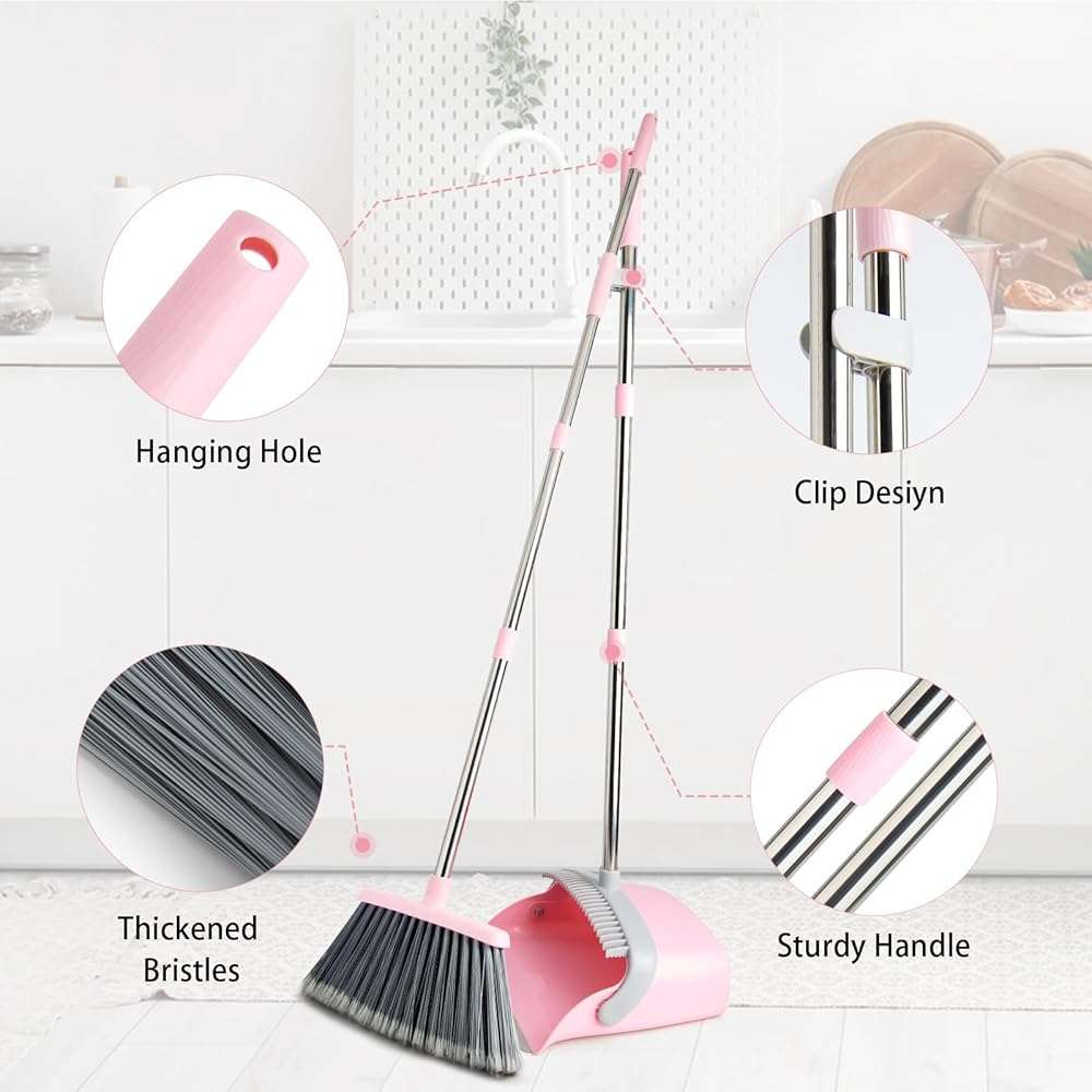 OOOFLOWER Broom and Dustpan Combo Set, Long Handle and Standing Dust Pan with Comb Teeth, Efficient Floor Cleaning for Kitchen, Outdoor, Dorm, Apartment, Office Lobby (Pink Gray) - Image 3
