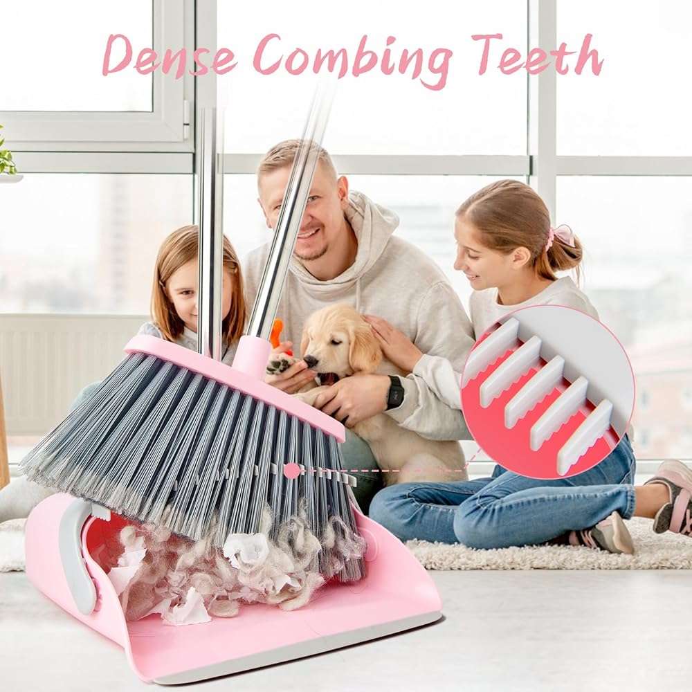 OOOFLOWER Broom and Dustpan Combo Set, Long Handle and Standing Dust Pan with Comb Teeth, Efficient Floor Cleaning for Kitchen, Outdoor, Dorm, Apartment, Office Lobby (Pink Gray) - Image 4
