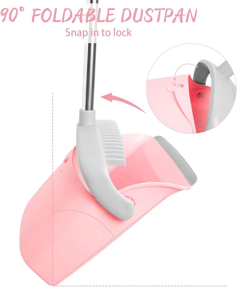 OOOFLOWER Broom and Dustpan Combo Set, Long Handle and Standing Dust Pan with Comb Teeth, Efficient Floor Cleaning for Kitchen, Outdoor, Dorm, Apartment, Office Lobby (Pink Gray) - Image 5