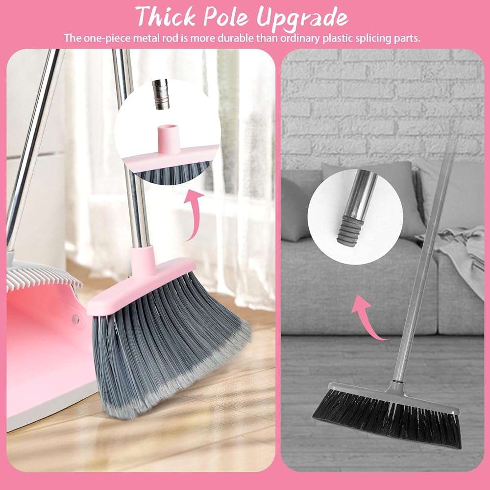 OOOFLOWER Broom and Dustpan Combo Set, Long Handle and Standing Dust Pan with Comb Teeth, Efficient Floor Cleaning for Kitchen, Outdoor, Dorm, Apartment, Office Lobby (Pink Gray) - Image 6