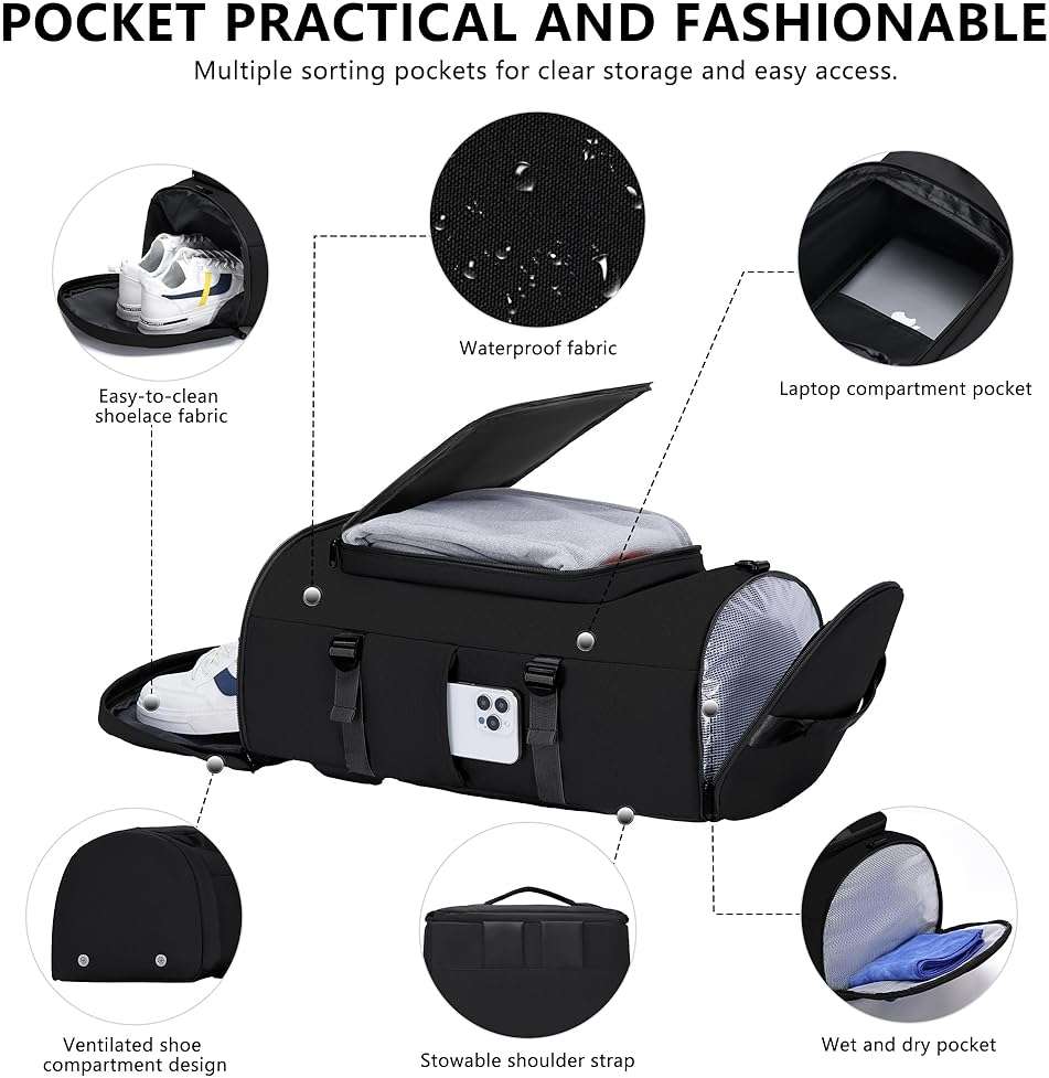 MIYCOO Gym Bag for Men Women with Shoes Compartment - Duffle Bag, Travel Backpack, Sports Backpack, Weekender Overnight Bag with Wet Pocket - Black - Image 5