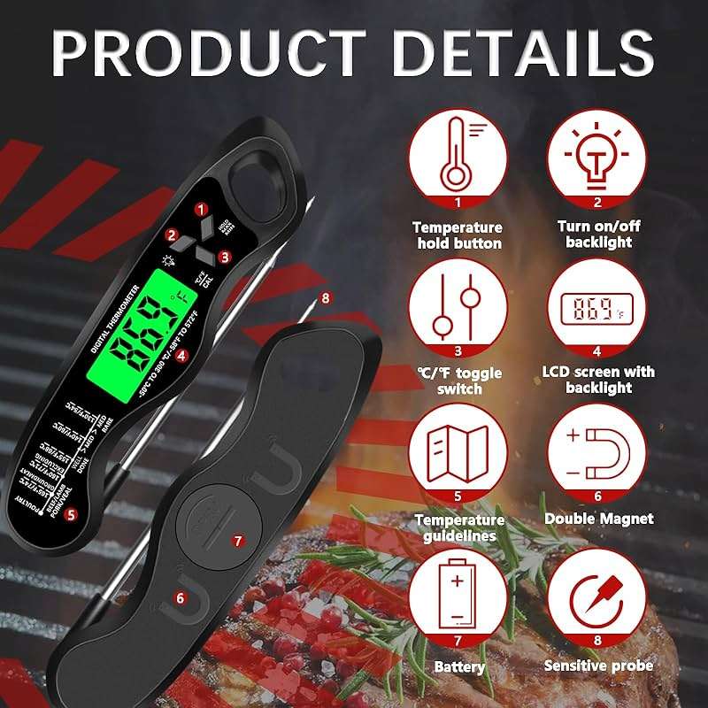 Meat Thermometer Digital，IP67 Waterproof Cooking Thermometer with Backlight, Calibration & Hold Function，Food Thermometer for Cooking,Outdoor Grilling - Image 3