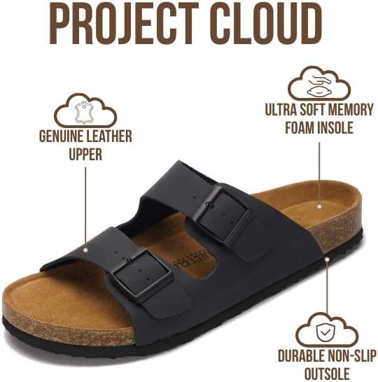 Project Cloud Mens Sandals 100% Genuine Leather - Memory Foam Insole & Cork Footbed Slides for Men Footwear - Non-Slip Summer Sandals for Men & Lightweight Mens Slides (Heritage) - Image 3