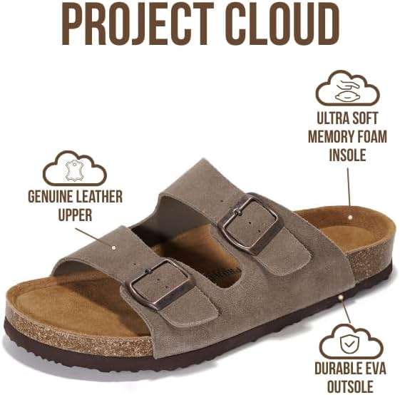 Project Cloud Mens Sandals 100% Genuine Leather - Memory Foam Insole & Cork Footbed Slides for Men Footwear - Non-Slip Summer Sandals for Men & Lightweight Mens Slides (Heritage) - Image 2