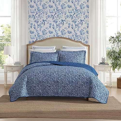 Laura Ashley - Quilt Set, Super Soft Fabric Bedding with Matching Sham, Toile-Inspired Print, Floral Home Essentials (Elaina Blue, Twin) - Image 1
