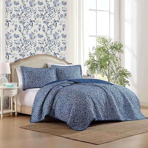 Laura Ashley - Quilt Set, Super Soft Fabric Bedding with Matching Sham, Toile-Inspired Print, Floral Home Essentials (Elaina Blue, Twin) - Image 2