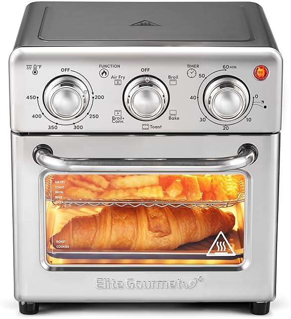 Elite Gourmet Compact 8.5Qt Air Fryer Oven – Mini Countertop Air Fryer with Adjustable Time & Temperature Controls, 800W, Includes Air Fry Basket, Bake Pan & Recipes, Stainless Steel - Image 1