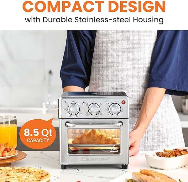 Elite Gourmet Compact 8.5Qt Air Fryer Oven – Mini Countertop Air Fryer with Adjustable Time & Temperature Controls, 800W, Includes Air Fry Basket, Bake Pan & Recipes, Stainless Steel - Image 5