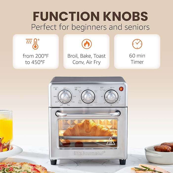 Elite Gourmet Compact 8.5Qt Air Fryer Oven – Mini Countertop Air Fryer with Adjustable Time & Temperature Controls, 800W, Includes Air Fry Basket, Bake Pan & Recipes, Stainless Steel - Image 6