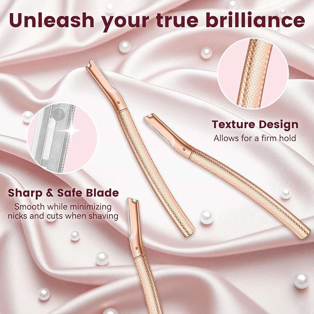 Eyebrow Razor-Face Razors for Women-Dermaplaning Tool for Face Exfoliation & Peach Fuzz with 12 Refill Blades-Facial Dermaplane Razors Shaver-Rose Gold - Image 3